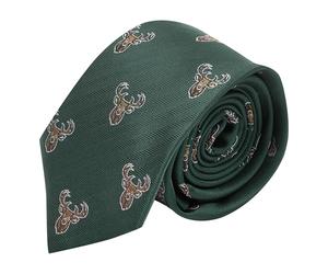 King & Priory Dark Green Herringbone Embroidered Stag Head Tie