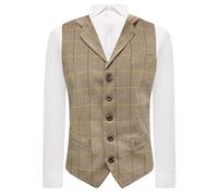 King & Priory Light Oak Brown Herringbone Check Waistcoat with Lapel, Tweed