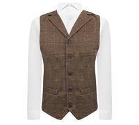 King & Priory Luxury Herringbone Brown Tweed Waistcoat with Lapel, Tailored Fit (S)