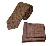 King & Priory Luxury Peanut Brown Herringbone Check Tie & Pocket Square Set, Tweed