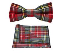 King & Priory Traditional Light Grey & Red Tartan Bow Tie & Pocket Square Set