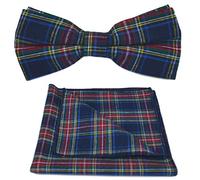 King & Priory Traditional Navy Blue Tartan Bow Tie & Pocket Square Set, Check, Plaid
