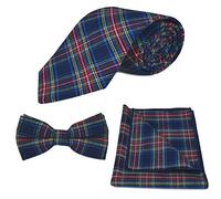 King & Priory Traditional Navy Blue Tartan Tie, Bow Tie & Pocket Square Set