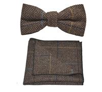King & Priory Walnut Brown Herringbone Check Bow Tie & Pocket Square Set