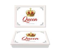 King & Queen Lap Tray White Wooden Theme Soft Bean Bag Cushion Royal Crown Design Laptop TV Breakfast Dinner Food Drink Camping Caravan Easy Serve Tray Home (Red Queen)