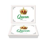 King & Queen Lap Tray White Wooden Theme Soft Bean Bag Cushion Royal Crown Design Laptop TV Breakfast Dinner Food Drink Camping Caravan Easy Serve Tray Home (Green Queen)