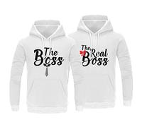 King&Queen Matching Couple Hoodie Valentine's Day The Boss The Real Boss Hoodie for Couple His & Her Couple Hoodie Jumper for Couple Married Trip 1Pc(White-WOMEN,XL)