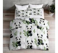 King Reversible Comforter 7.5 Tog, Cartoon Cute Animal Panda Bamboo Leaf White Coverless Duvet 230 x 220 cm - Easy Care All-Season Bedding for Camping, RV and Travel