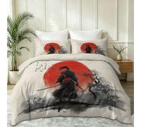 King Samurai Red Sun Withered Tree Bird Duvet Cover, 100% Soft Breathable Microfiber Reversible Quilt Cover with Pillowcases, Cream Japanese Bedding, Machine Washable