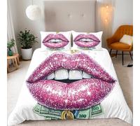 King Shining Pink Lips Bedding Set Ultra-Soft Microfiber Duvet Cover Set 3Pcs - 230x220cm + 2 Pillowcases 50x75cm-Luxury And The Charm Of Wealth 3D Printed Design with Zip Closure & Corner Ties
