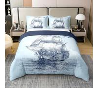 King Size 100% Cotton Ship Sketch Duvet Cover Ocean Adventure Bedding Set Boys Girls Retro Boat Soft Comforter Cover Kids Bedroom Decor,No Comforter,Light Blue