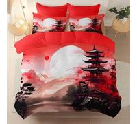 King Size 230 × 221 cm Duvet Cover Sets, Soft Japanese Style Architecture Cherry Blossoms Printed Bedding Set With Zipper Closure, Red Brushed Microfiber Hypoallergenic Duvet Covers with 2 Pillowcases