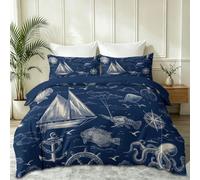 King Size 3 Piece Duvet Cover Sets - 100% Brushed Microfiber Sailboat Compass Octopus Lobster Print Quilt Cover Sets with Zipper Closure, Retro Soft Reversible Bedding 230 x 220 cm, Dark Blue