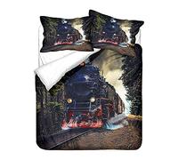 King Size 3D Train Digital Printing Duvet Cover Set - Black & Gray Retro Steam Train Theme - Microfiber Duvet & Pillow Case (220 x 230 cm)