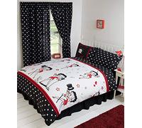 King Size Bed Betty Boop Super Star, Duvet/Quilt Cover Bedding Set Fully Reversible, Singing and Dancing Music Notes Hearts Wink Lips Kiss Pudgy Dog Lines Polka Dot, Black White Red