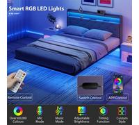 King Size Bed Frame With Rgb Led Lights, Floating Upholstered Bed, Grey