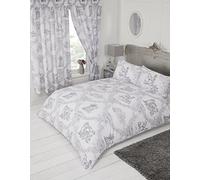 King Size Bed Toile De Jouy Grey, Duvet/Quilt Cover Bedding Set, by MY HOME, Traditional Floral Damask Country Design