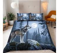 King Size Bedding Set 220x240 cm with 2 Pillowcases 50x75 Premium 3D Wolf Moon Mountain Print Microfibre Easy Care Duvet Cover Zip Corner Straps Design Quilt Cover for Home Luxury King Bed Hotel