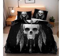 King Size Bedding Set Skull Feathers 230x220 cm + 2 Pillowcases 50x75 Premium 3D Double-sided Print Microfibre Gothic Duvet Cover Zip Corner Straps Design Quilt Cover for Home Luxury King Bed