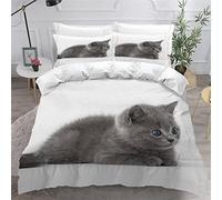 King Size Bedding Sets Grey Cat Animal White Duvet Cover Set with Pillow Cases Adults Teenager Luxury Bedroom Decor 3Pcs Microfiber Fluffy Zipper Duvet Cover King Size