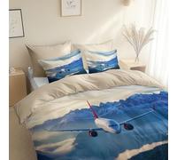King Size Blue Sky White Cloud Mountain Plane Printed Duvet Cover Set, Multi Colored Bedding Set, 3 pcs Soft Microfiber Lightweight Duvet Cover with 2 Pillowcases and Zipper Closure