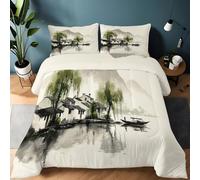 King Size Coverless Duvet 220 x 240 cm, Ink Painting Of Mountains Weeping Willows Coverless Quilt Comforter with Pillowcase - Breathable Non-Allergenic Bedding All Season Quilt Girls Boys, Cream