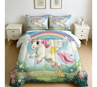 King Size Coverless Duvet 7.5 Tog Flowerbed Unicorn Rainbow Down Alternative Comforter Set with 2 Pillowcases, Cartoon Soft Warm Microfibre Quilt 230 x 220 cm