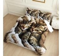 King Size Coverless Duvet 7.5 Tog Tabby kitten Down Alternative Comforter Set with 2 Pillowcases, brown Soft Warm Microfibre Quilt 230 x 220 cm