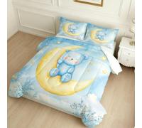 King Size Coverless Duvet Set 7.5 Tog Watercolor Teddy Bear Soft Down Alternative Comforter light blue 230 x 220 cm with 2 Pillowcases, All Season Bedding