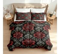 King Size Duvet Black Red Floral Damask 3D Printed Reversible Comforter Cooling Quilt Set Vintage Damask Floral All Seasons Quilt Set Washable Lightweight for Adults Bedroom Q-90