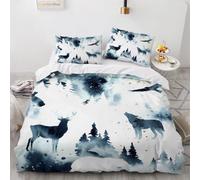 King Size Duvet Cover Elk 220x230 cm Bedding Set with Zipper Closure 3D Wolf Ink Painting 3 Pieces Soft Microfiber Duvet Cover with 2 Pillowcase 50x75（Pattern 153-12）