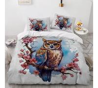 King Size Duvet Cover Owl 220x230 cm Bedding Set with Zipper Closure 3D Cherry Blossoms 3 Pieces Soft Microfiber Duvet Cover with 2 Pillowcase 50x75（MXX 34-5）
