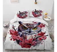 King Size Duvet Cover Owl 220x230 cm Bedding Set with Zipper Closure 3D Cherry Blossoms 3 Pieces Soft Microfiber Duvet Cover with 2 Pillowcase 50x75（MXX 23-8）