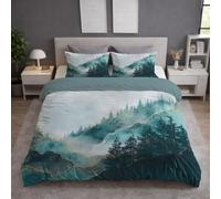 King Size Duvet Cover & Quilt Cover Bedding Set - 230 x 220 cm 3 pcs + 2 Pillowcases, Super Soft Microfiber, Wrinkle-Resistant, Easy Care, Breathable, Cyan, Mountain Landscape Pine Trees Light Mist