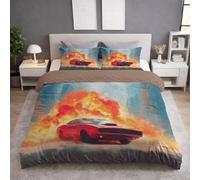 King Size Duvet Cover & Quilt Cover Bedding Set - 230 x 220 cm 3 pcs + 2 Pillowcases, Super Soft Microfiber, Wrinkle-Resistant, Easy Care, Breathable, Orange, Poster Flame Car