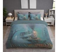 King Size Duvet Cover & Quilt Cover Bedding Set - 230 x 220 cm 3 pcs + 2 Pillowcases, Super Soft Microfiber, Wrinkle-Resistant, Easy Care, Breathable, Turquoise, Oil Painting Style Steam Train Smoke