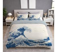 King Size Duvet Cover & Quilt Cover Bedding Set - 230 x 220 cm 3 pcs + 2 Pillowcases, Super Soft Microfiber, Wrinkle-Resistant, Easy Care, Breathable, Navy Blue, Japanese Style Ocean Waves