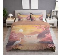 King Size Duvet Cover & Quilt Cover Bedding Set - 230 x 220 cm 3 pcs + 2 Pillowcases, Super Soft Microfiber, Wrinkle-Resistant, Easy Care, Breathable, Orange, Sunset Waterfall Flowers