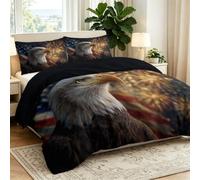 King Size Duvet Cover Set American Vintage Reversible Bedding Eagles Flags Fireworks Comforter Quilt Cover 230 x 220 cm with Zipper Closure and 2 Pillowcases 50x75 cm, Easy Care, Brown Blue