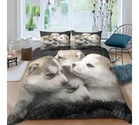 King Size Duvet Cover Set Husky Puppy Soft Microfiber Cute Animals and Pets Bedding 3D Printed Quilt Cover 230x220 and 2 Pillowcases with Zipper Closure Easy Care D-3054