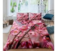 King Size Duvet Cover Set Pink Cherry Blossoms Soft Microfibre Bedding Set 3D Printed Beautiful Flowers Quilt Cover 230x220 cm with Zipper Closure with 2 Pillowcases 50x75 cm e.2144