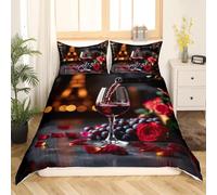 King Size Duvet Cover Set Red Wine and Roses 3D Printed Aesthetic Romance Bedding Set Brushed Microfibre Duvet Cover Set 230x200 cm with Zipper Closure and 2 Pillowcases 50x75 cm e-3736