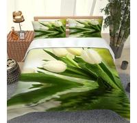 King Size Duvet Cover Set White Tulip Soft Microfiber Flowers and Plants Bedding 3D Printed Quilt Cover 230x220 and 2 Pillowcases with Zipper Closure Easy Care D-3004