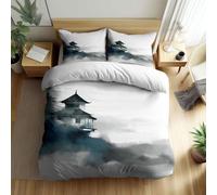 King Size Duvet Cover Sets 230 x 220 cm, Reversible Ink Chinese Architecture Bedding Set, Soft Breathable White Duvet Cover for Kids Adults Lightweight Bedding, Easy Care