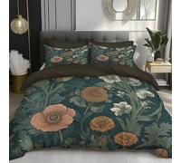King Size Duvet Cover Sets - 230x220cm 3 PCs - Ultrasoft Retro style Poppies, daisies Printed Quilt Cover Bedding Sets with Zipper Closure dark green