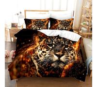 King Size Duvet Cover Sets- 3Pcs Flame cheetah Double Bedding Set, Black Microfiber Breathable Soft Quilt Covers with Zipper and 2 Pillowcases（50x75cm） ZP556