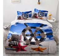 King Size Duvet Cover Sets Blue Ship's Wheel Brushed Soft Microfiber Nautical Theme Double Bedding Set 3D Printed Zipper Quilt Cover 230x220cm and 2 Pillowcases 50x75 B-3366