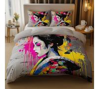King Size Duvet Cover Sets, Grey Printed Reversible Bedding Set, Graffiti Geisha Kimono Theme Quilt Cover Brushed Microfiber with Pillowcases for Adults, Children 230 × 220 cm