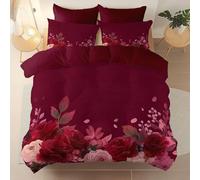 King Size Duvet Cover Sets - Microfibre 230 x 220 cm Reversible Duvet Cover, Easy Care Cartoon Romantic Flowers Burgundy Rose Flowers theme Quilt Cover Set for All Seasons Red Bedding Sets