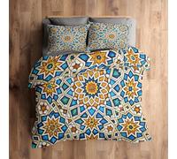 King Size Duvet Cover Sets Moroccan Bedding - 3 Piece with 2 Pillowcases, Stained Glass Geometric Floral Printed Design, for Bedroom Decor, Soft Brushed Microfiber, Zip Fastening [N0215]